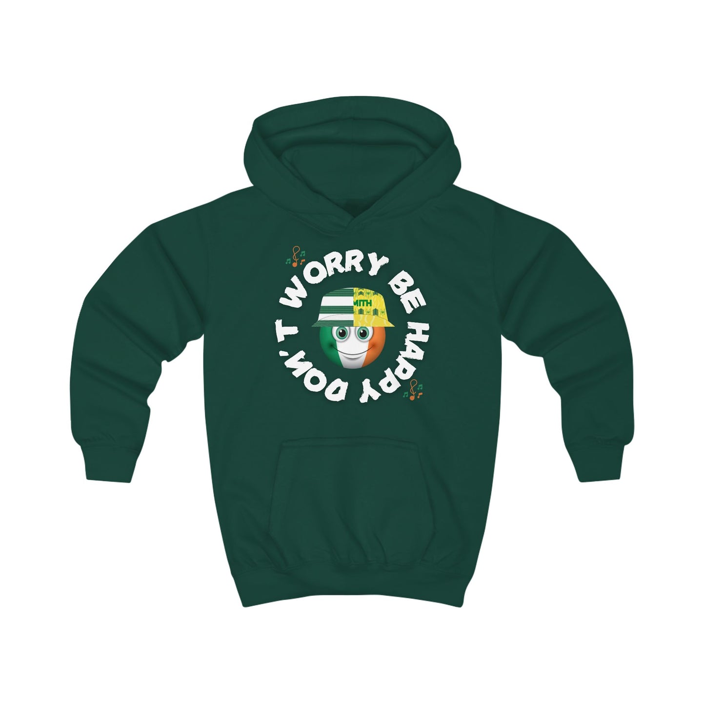 Don't Worry Be Happy Kids Hoodie (Bottle Green, Black, Kelly Green)